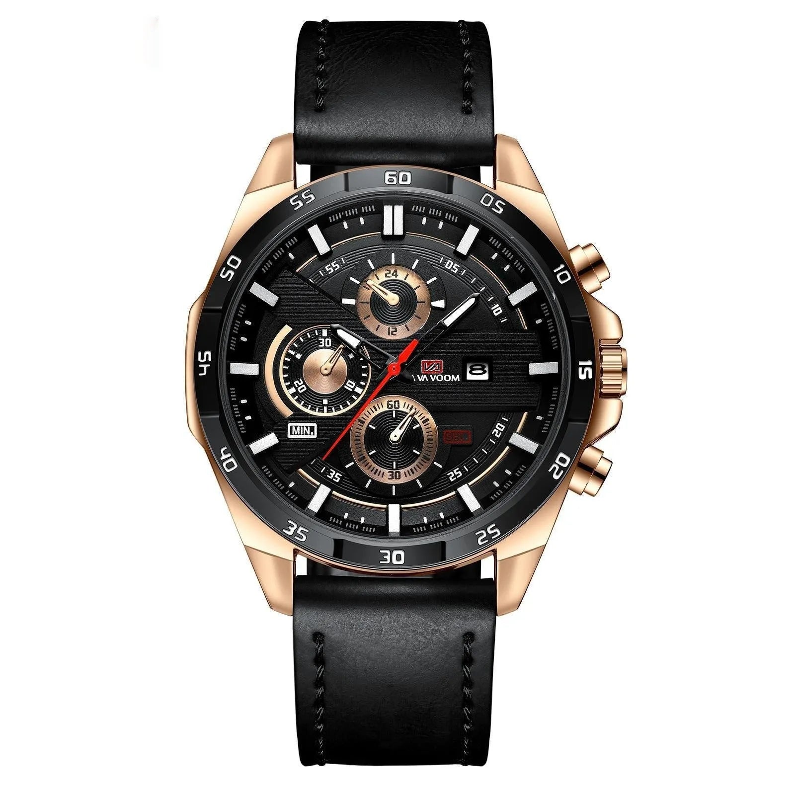 Men's casual wristwatch showing day-date window at 3 o'clock on a black dial with a rose gold case.