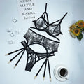 Black women's lace mesh floral print three-piece set showing top, pants, and waist ring.