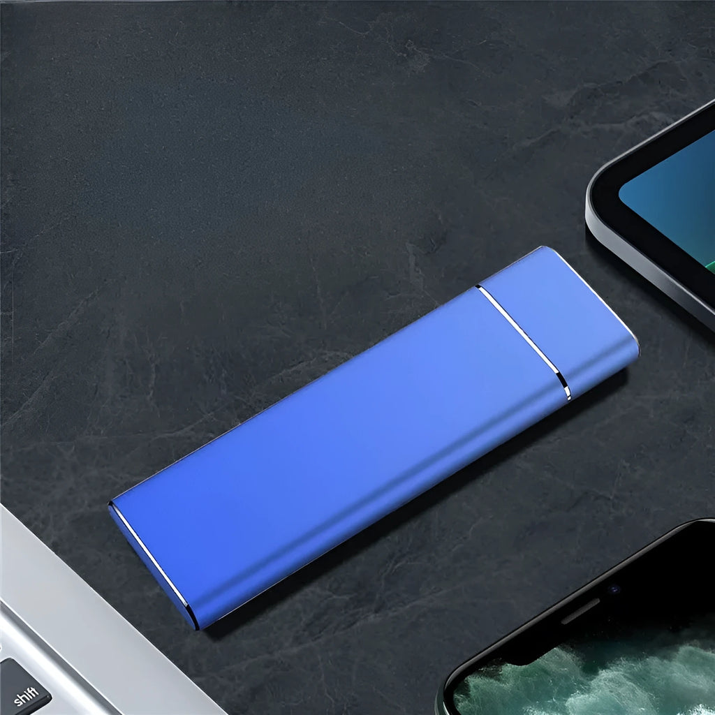 Sapphire blue portable external solid state hard disk with metal shell and USB cable