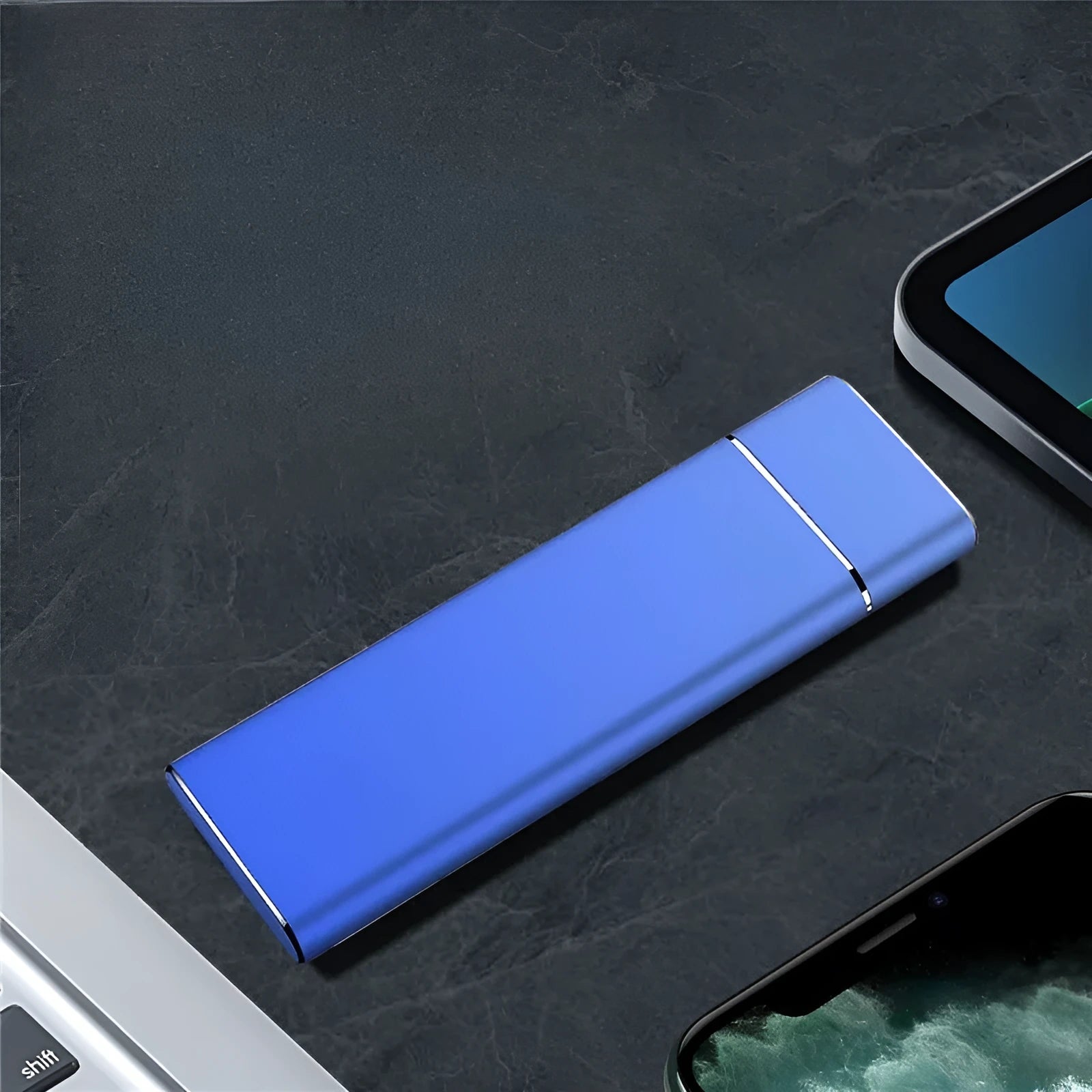 Sapphire blue portable external solid state hard disk with metal shell and USB cable
