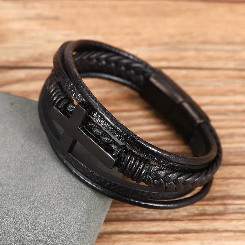 Multi-layer braided stainless steel cross men's unisex bracelet in gold colour with electroplated finish