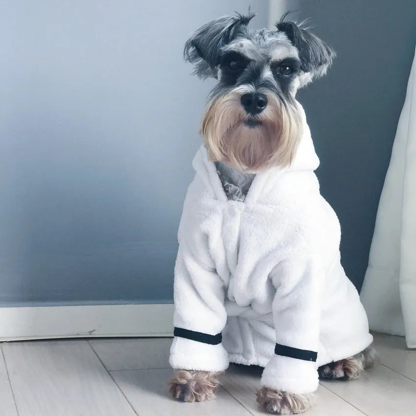 White polyester pet bathrobe pyjama for dogs and cats, available in sizes S, M, L and XL