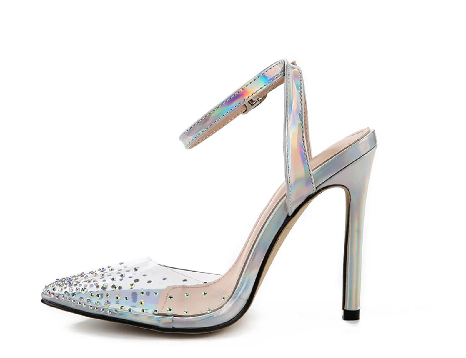 Women's pointed toe stiletto heel sandals with a glossy PVC upper and an ankle strap buckle.