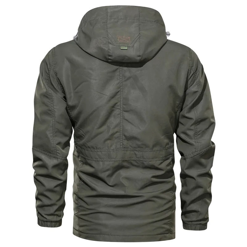 Men's casual outdoor hooded plus size jacket in letter print, stand-up collar, zipper front, thin polyester fabric