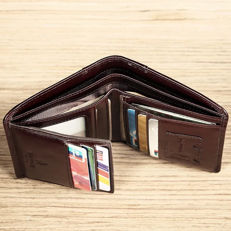Open view of a black men's leather bifold wallet showing card slots, photo window, and zipped coin pocket.