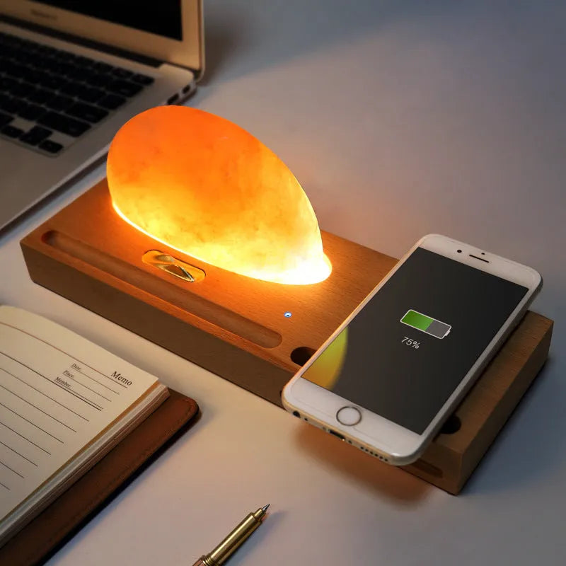 Sunrise Oriental wooden base salt lamp with natural crystal shade and integrated wireless phone charging pad