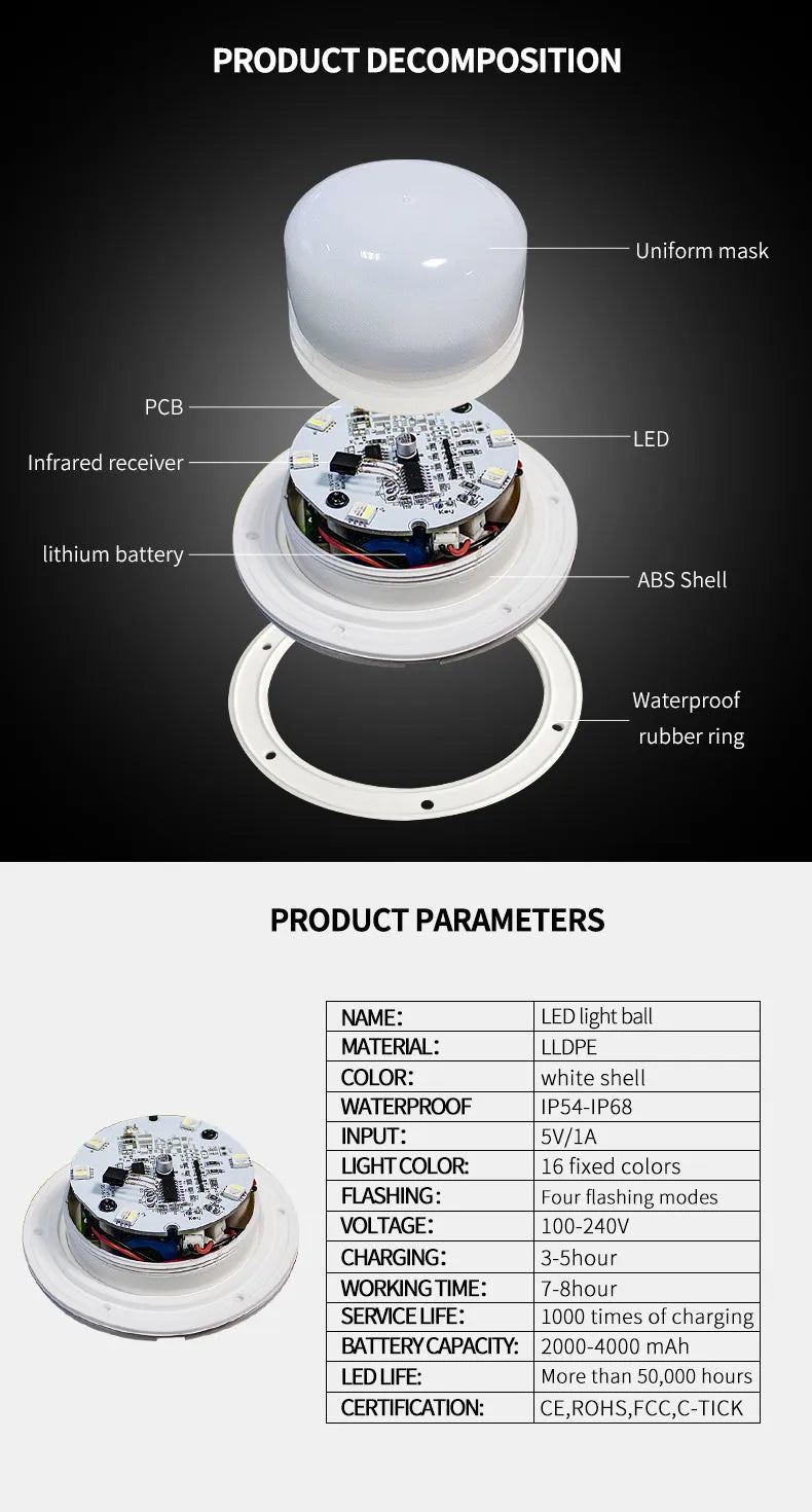 LED luminous ball lamp with remote control, IP67, 16 colours, 12cm to 30cm sizes