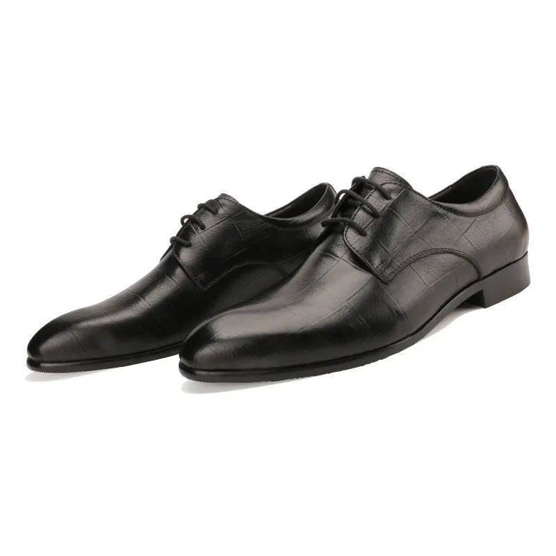 Men's black checkered derby leather shoes with a pointed toe and rubber sole.