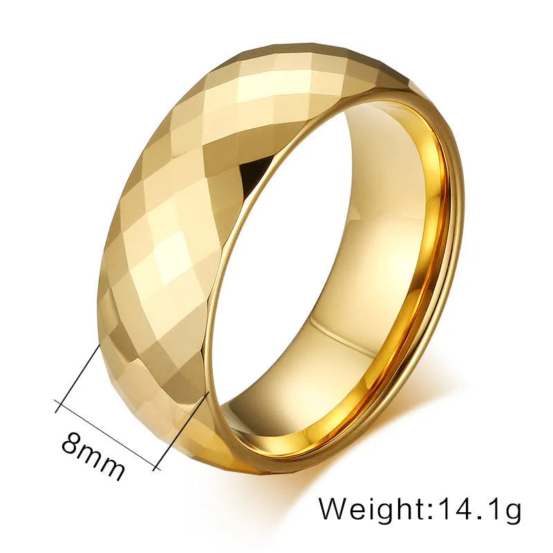 Men's tungsten steel ring in gold colour, available in sizes 7 to 13, shown on a neutral background