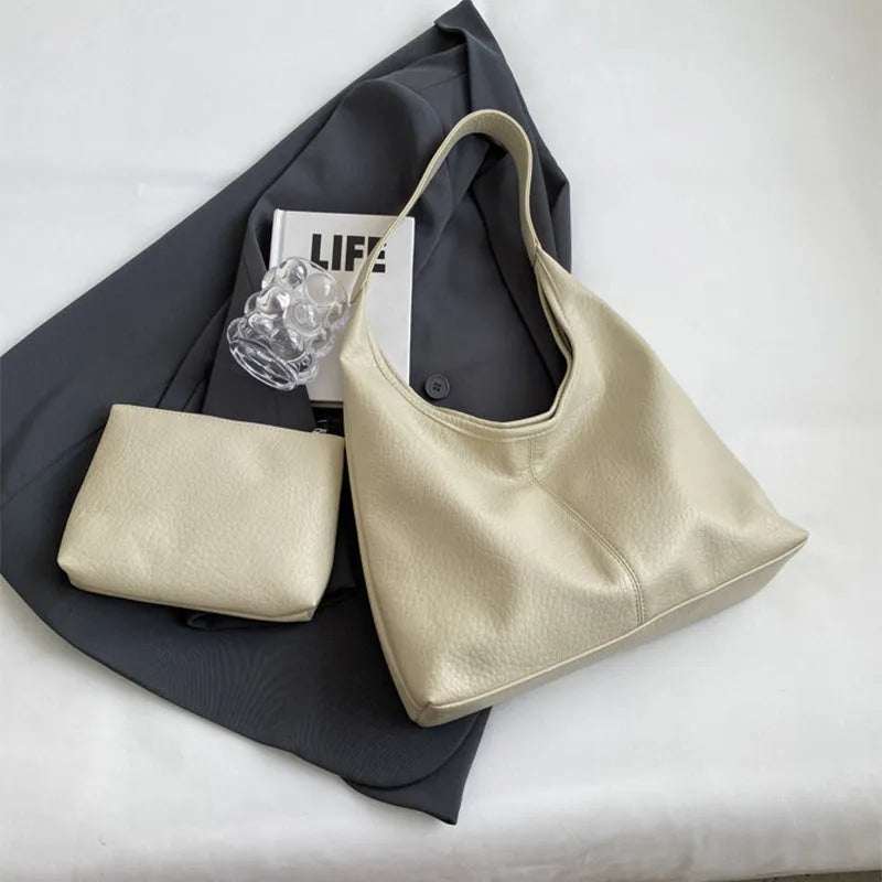 Two soft PU leather handbags in underarm Korean style with small wallet, available in multiple colours