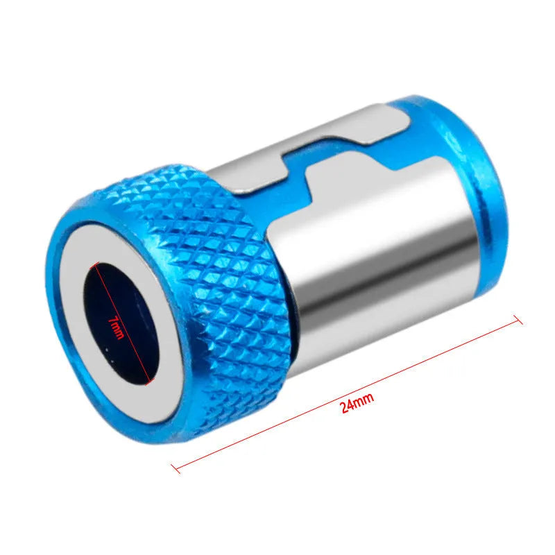 Light blue screwdriver bit with magnetic ring for slotted screw assembly