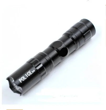 Small black aluminium LED flashlight showing scale and size.