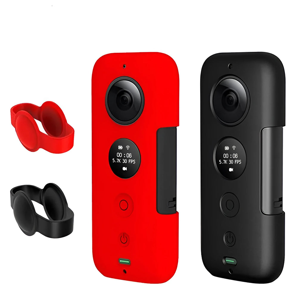 Black silicone protection case for Insta360 One X camera showing precise hole positioning