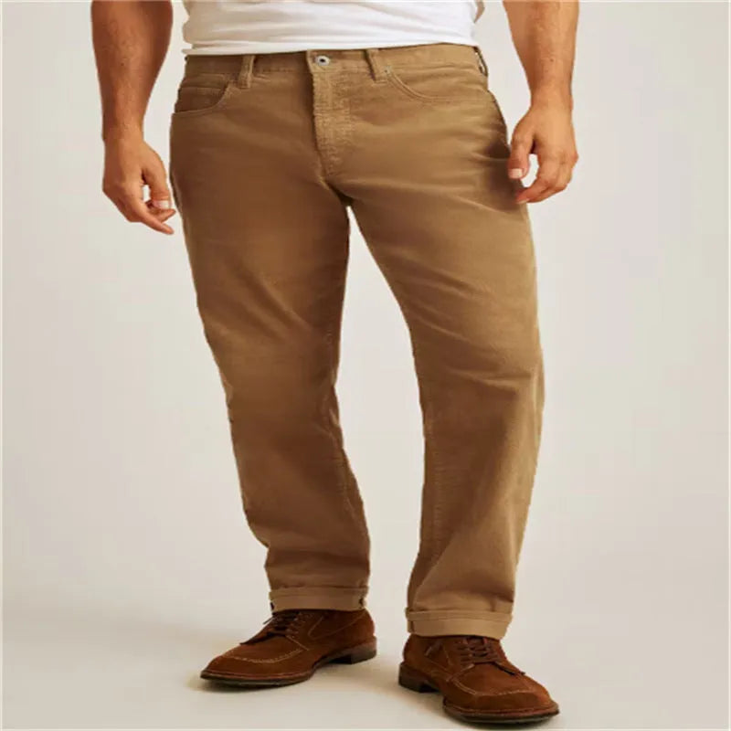 Corduroy straight leg casual trousers in green colour with mid-waist design