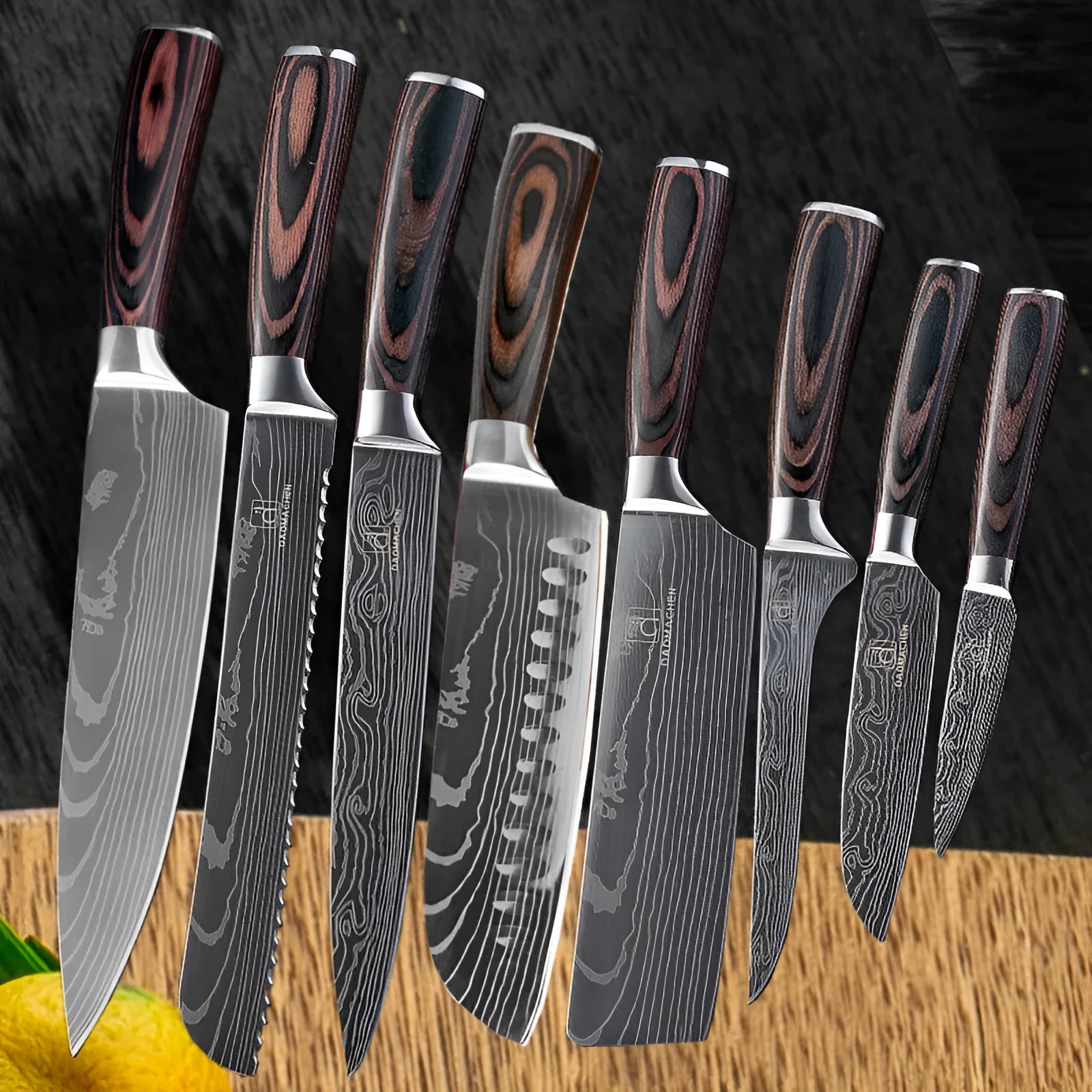 7CR17 stainless steel chef knife with laser Damascus pattern and colour steel handle
