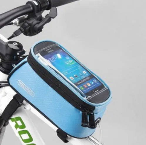 ROSWHEEL black PVC bicycle frame bag holding an iPhone on a bike top tube
