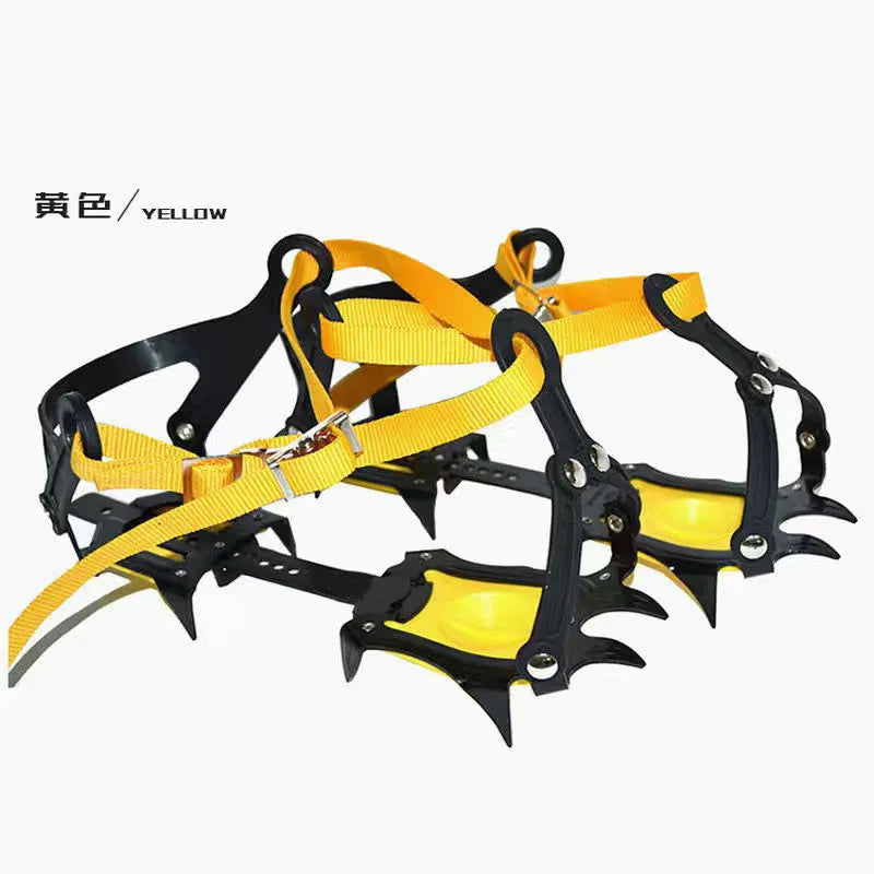 Pair of orange steel ten-teeth non-slip shoe cover crampons for snow ice traction