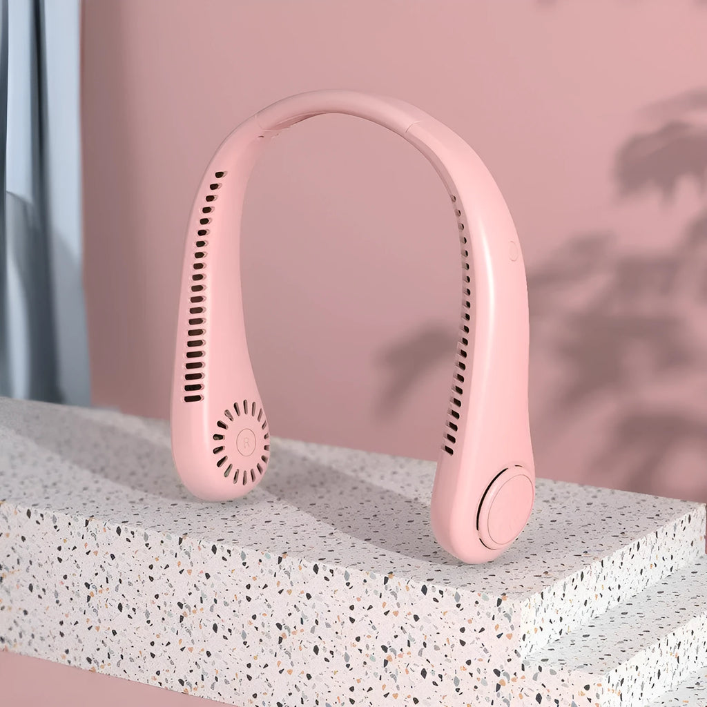 Pink bladeless neck-hanging personal fan with USB charging port.