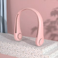 Pink bladeless neck-hanging personal fan with USB charging port.