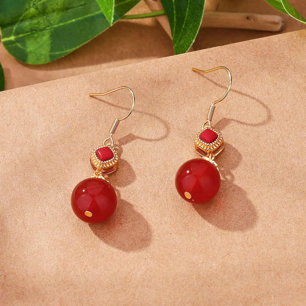 Southern red agate round bead earrings with S925 silver jasper inlay geometric drop design