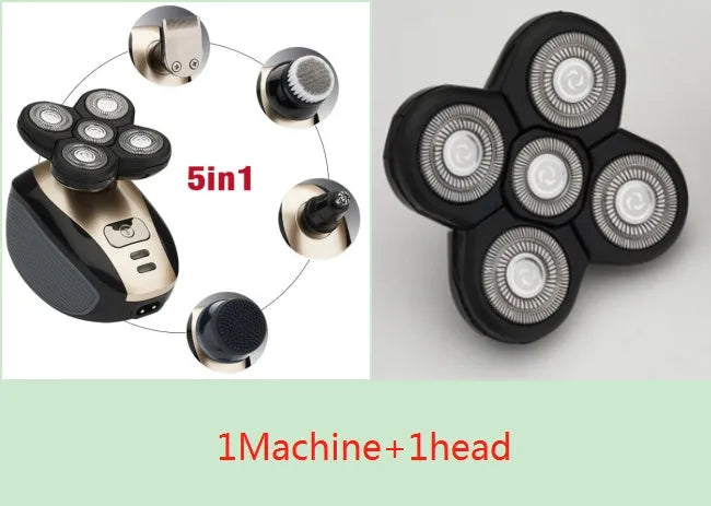 5-in-1 multifunctional electric shaver black gold with floating blades, rechargeable, IPX7 waterproof