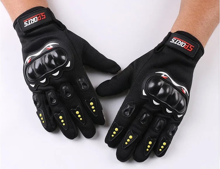 Full finger riding gloves in black, blue, or red with touch screen fingertip, hard shell, anti-slip palm, and Velcro closure