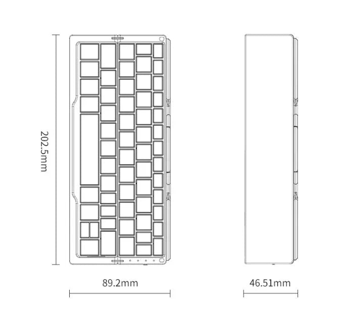 Mini folding Bluetooth keyboard with aluminium alloy backboard, hidden stands, and three-device memory, shown open.
