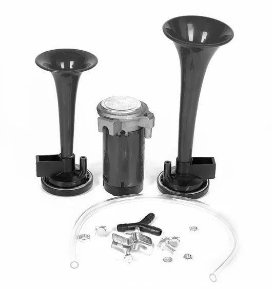 12V electric horn in black or red, 220mm or 170mm length, 105-115dB, 60/50W