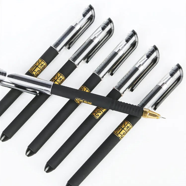 Set of eight carbon black gel pens with plastic bodies, showing bullet and needle tip options