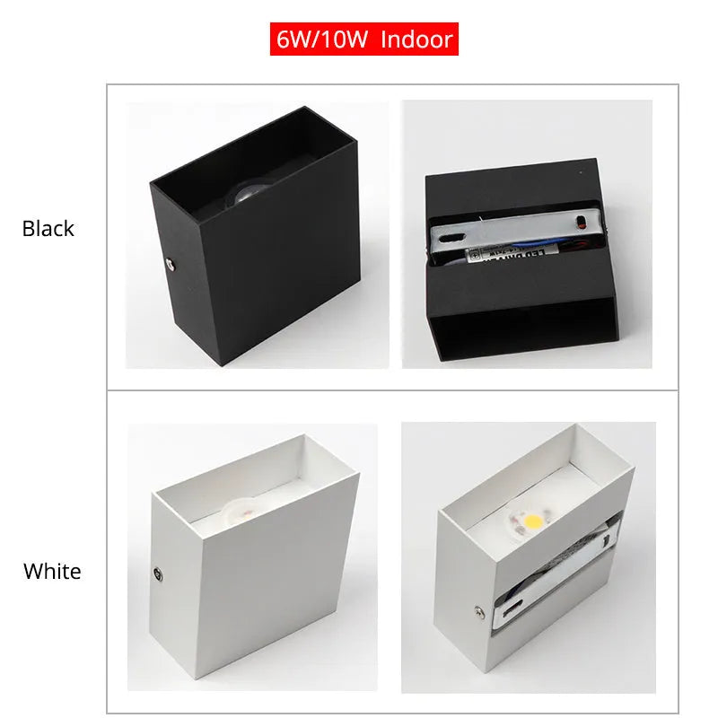 Square black aluminium alloy wall lamp mounted on a corridor wall