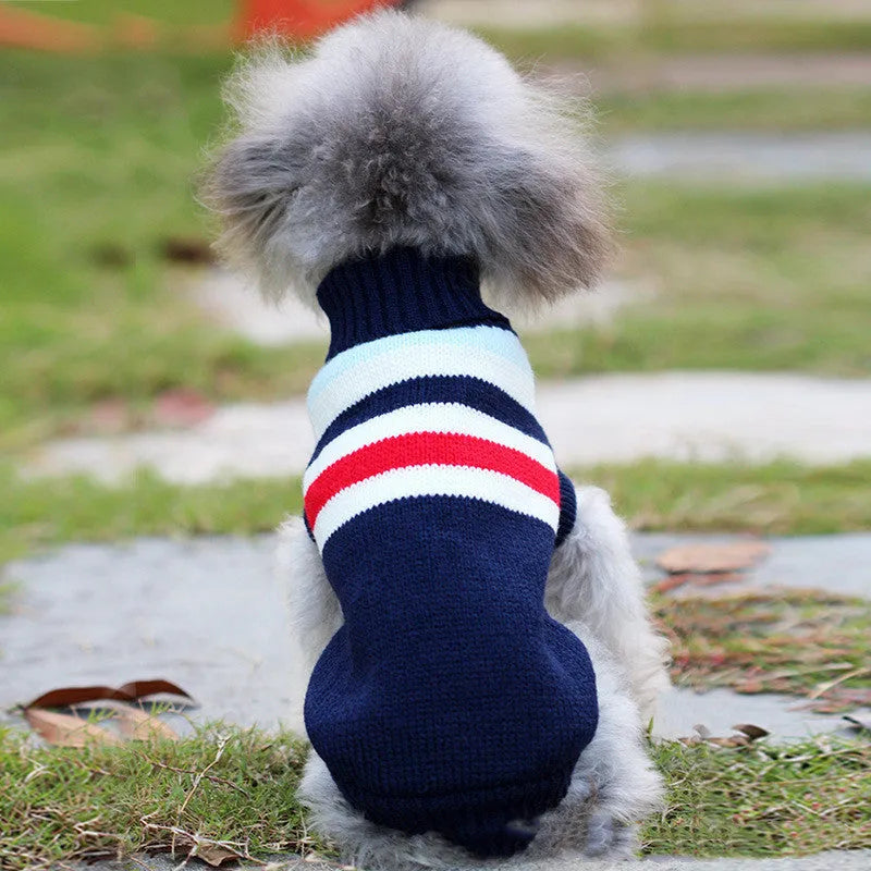 Wool dog sweater for small corgis in red stripes, navy blue stripes, fawn, and blue giraffe colours