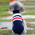 Wool dog sweater for small corgis in red stripes, navy blue stripes, fawn, and blue giraffe colours