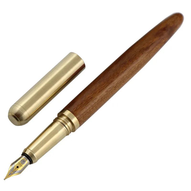 African rosewood vintage brass wood fountain pen with rotary piston and stainless steel nib on white background