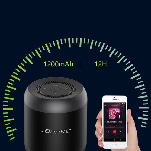 Black and white Bluetooth speaker with AI voice control featuring 16-hour battery and subwoofer boosting