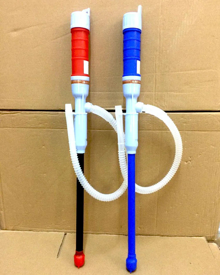 Blue manual hand siphon pump for transferring fuel, oil, and liquids.