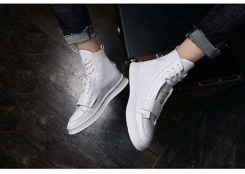 Black and white microfiber men's high-top ankle boots shown with a UK size chart.