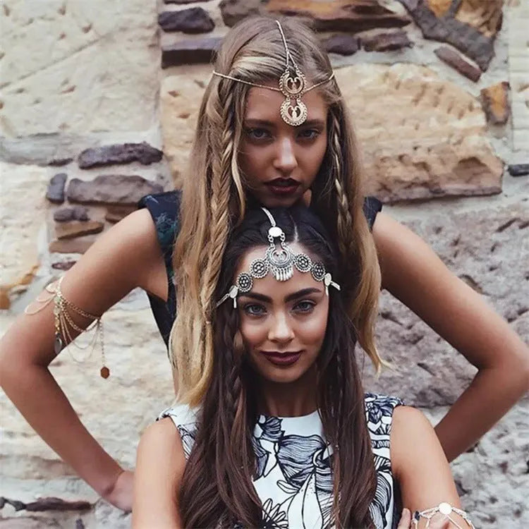 Boho style festival headband jewellery in ancient silver or matt gold, alloy with nickel-free plating, 28.9g