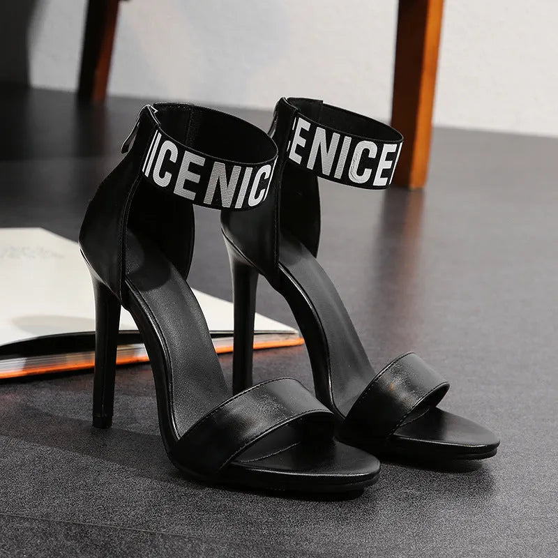 High heel stiletto sandals with open toe, colour-matching straps, buckle fastening and 6-8cm fine heel.