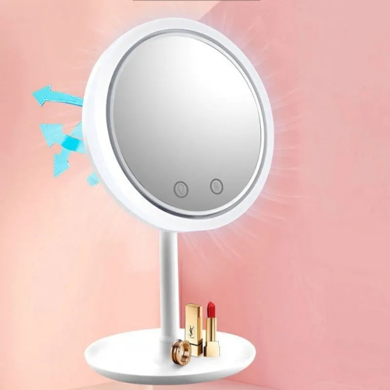 White ABS folding fan LED light makeup mirror with rotating table and five-fold design