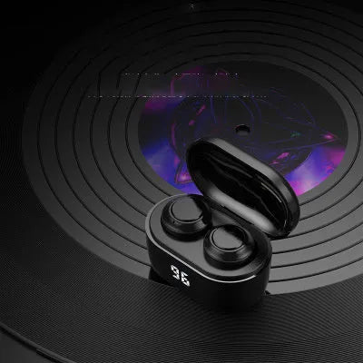 Black stereo Bluetooth in-ear headphones with silicone tips, showcasing wireless design for calls and music.