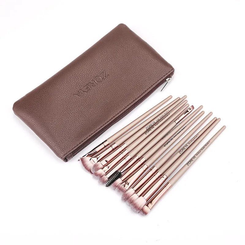 ZOREYA soft hair makeup brush with 1.5cm man-made fibre hair, 17cm long rod PU handle, in Black or Champagne.