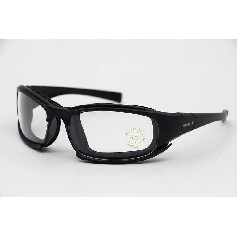 Tactical sports riding glasses with full frame PC construction and interchangeable lenses including transparent film