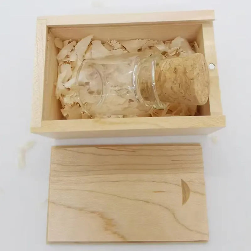 Wooden Wish Drift Bottle shaped USB flash drive with transparent casing and wooden detail, shown next to a scale for size.