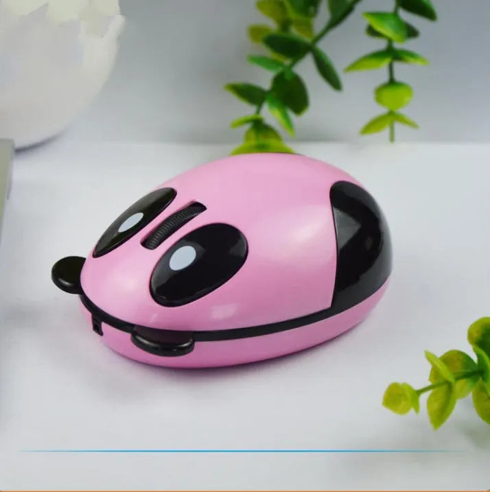 White panda silent 2.4G wireless optical mouse with built-in receiver and rechargeable 450mAh battery on desk