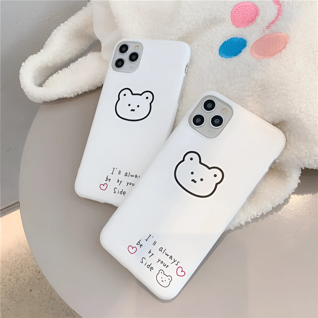 Silicone iPhone case with Korean bear cartoon design showing back and side coverage