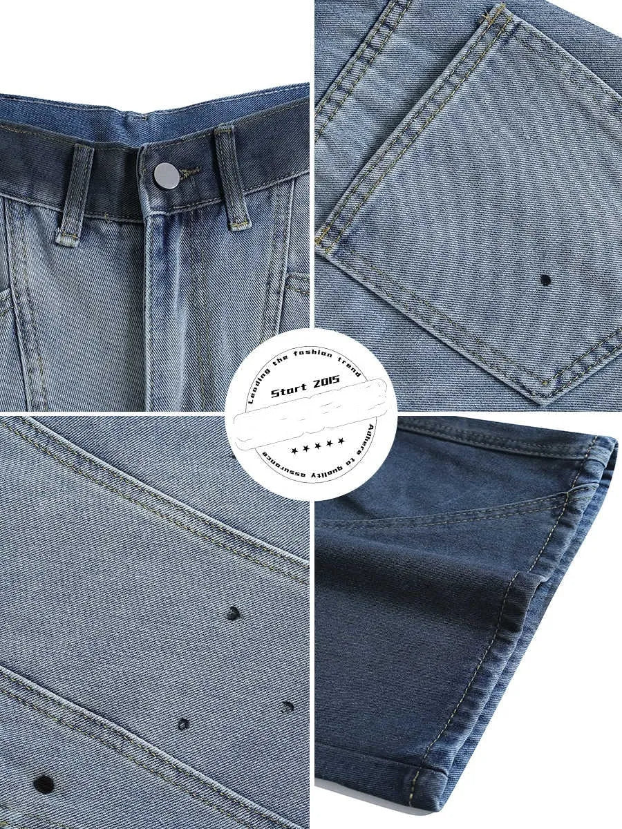 Blue tie-dye gradient washed-out cropped jeans with loose fit and mid waist