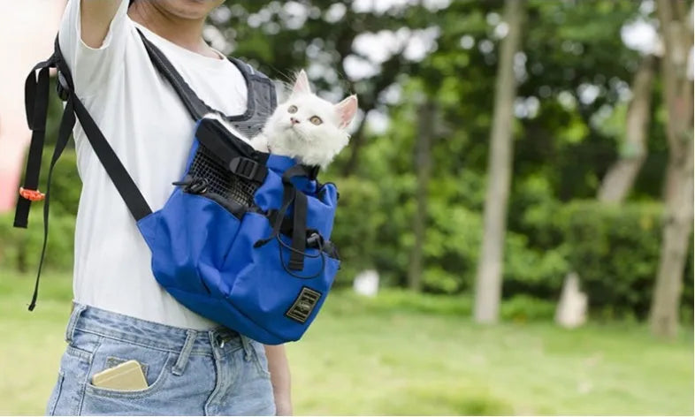 Ventilated pet backpack carrier with mesh breathable strap and safety buckle, polyester, in black, blue, grey or red