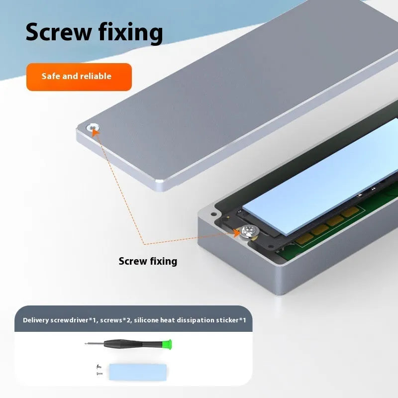 Silver aluminium M.2 NVMe SSD enclosure with USB Type-C port and installation accessories including screwdriver and screws