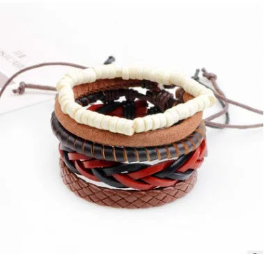 Handwoven adjustable leather bracelet with multilayer wooden beads and rope for a vintage punk style.