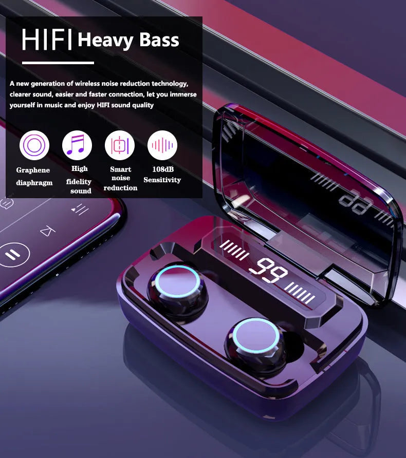 Black M11 Bluetooth wireless headset with digital display and mobile phone holder.